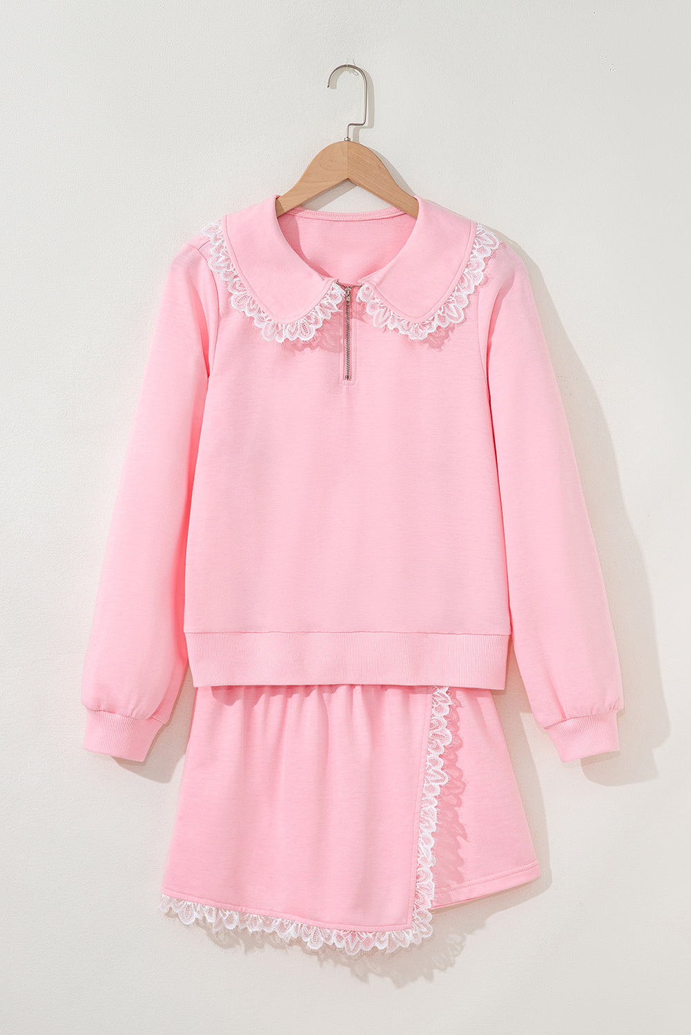 Pink Lace Embellished Peter Pan Collar Sweatshirt and Skort Two Piece Set