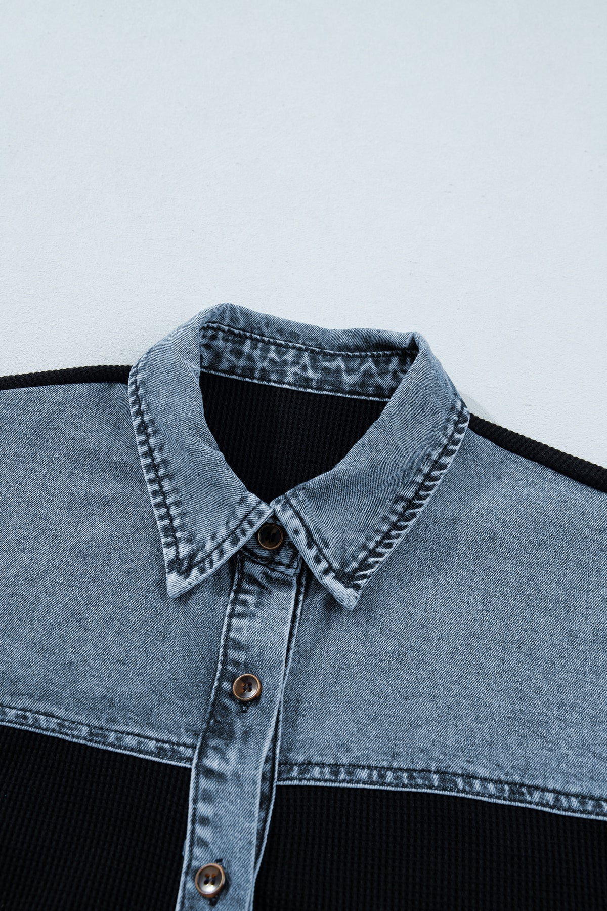 Black Textured Knit Denim Color Block Patchwork Collar Shirt