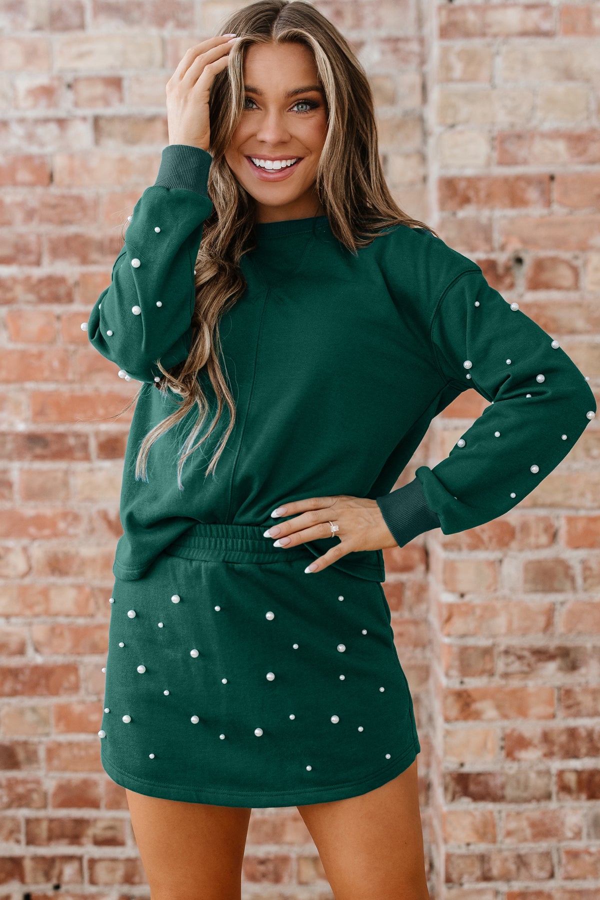 Dark Green Pearl Embellished Drop Shoulder Pullover Elastic Waist Mini Skort Set