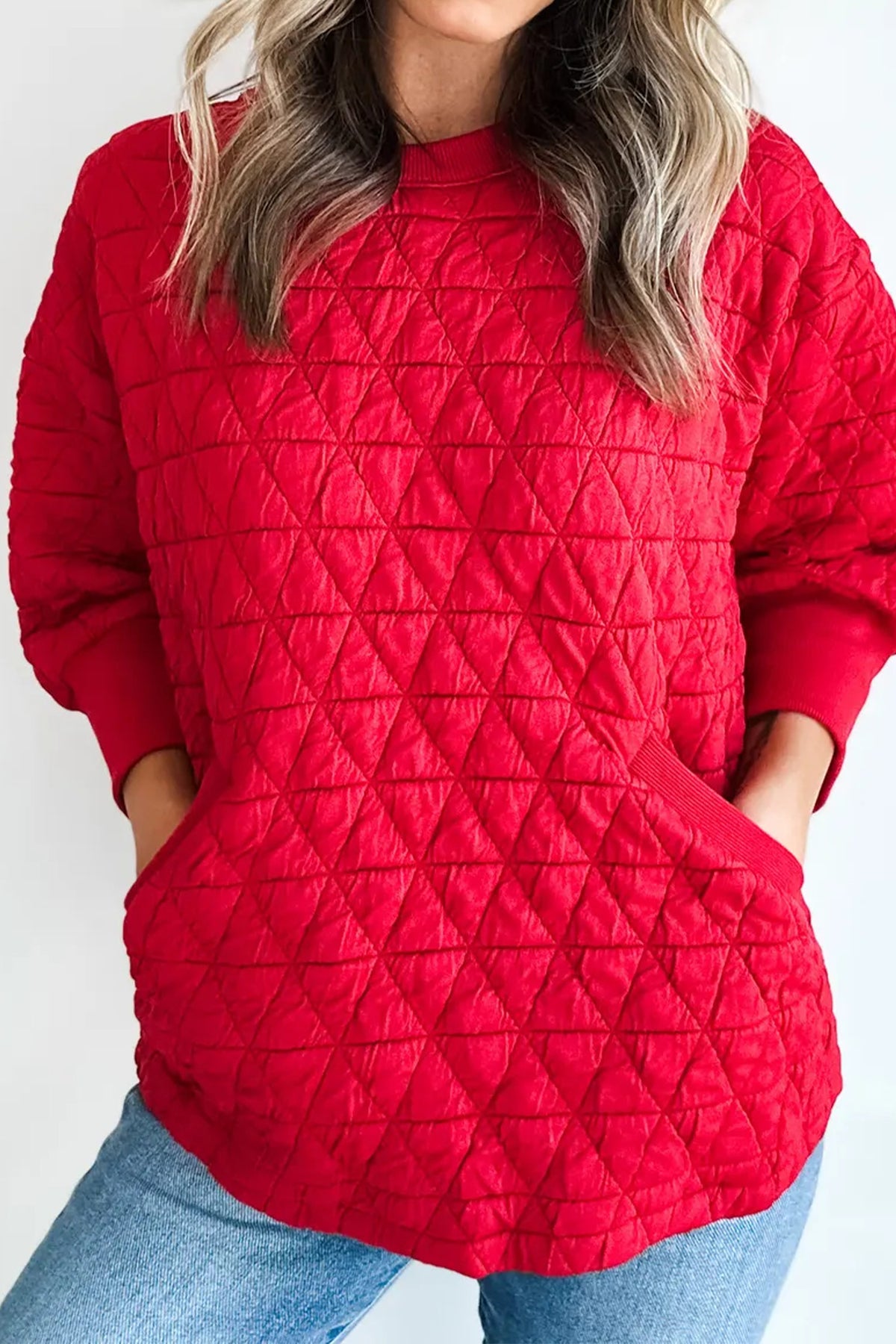 Fiery Red Quilted Diamond 3/4 Sleeve Pocket Top