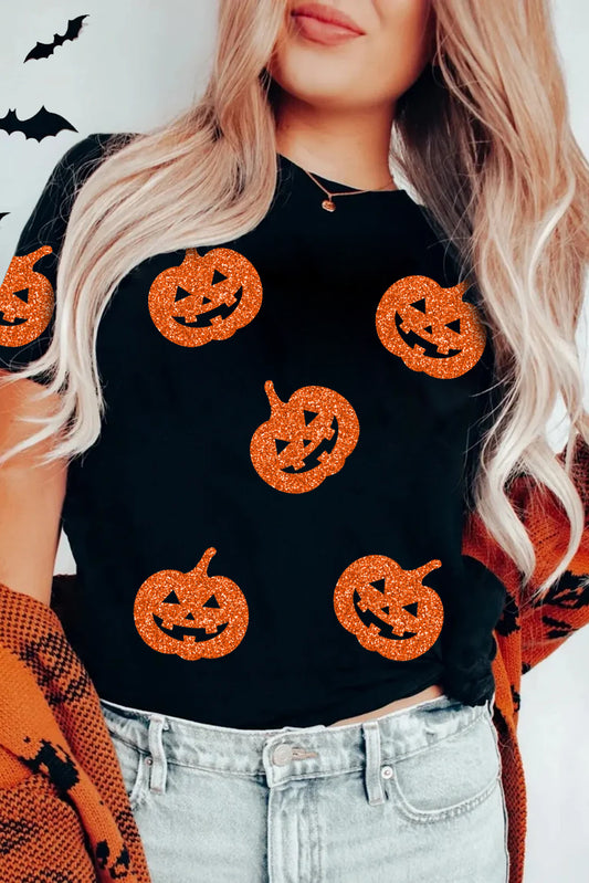 Black Glittering Pumpkin Face Graphic Crewneck Halloween T-Shirt