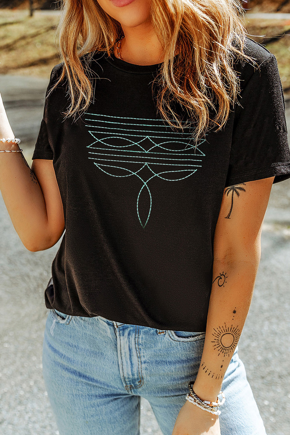 Black Western Fashion Geometric Embroidered T-Shirt