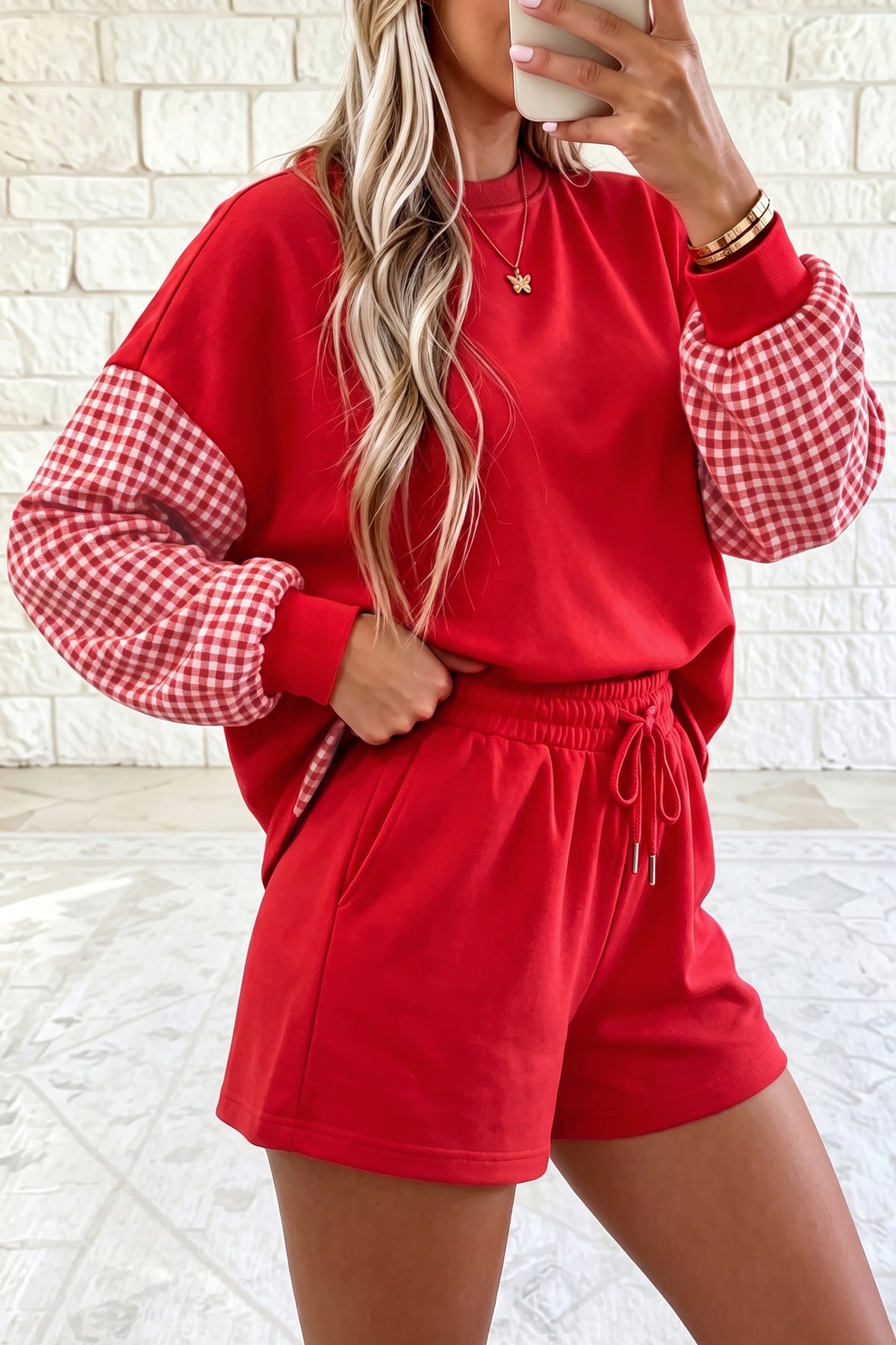 Women's Red Plaid Patchwork Long-Sleeve Top Solid Drawstring Shorts Set