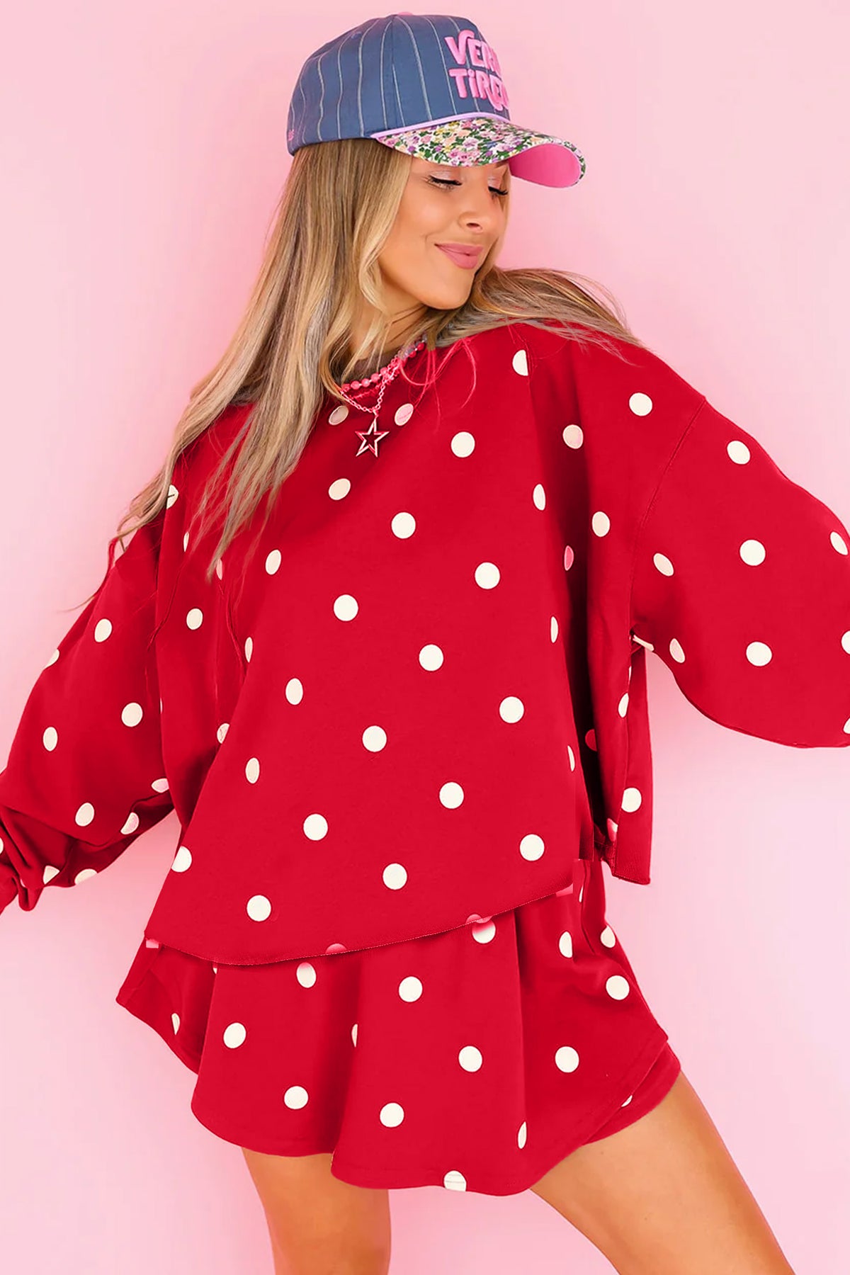 Women's Red Polka Dot Raw Hem Relaxed Pullover Loose Skort Two-Piece Set