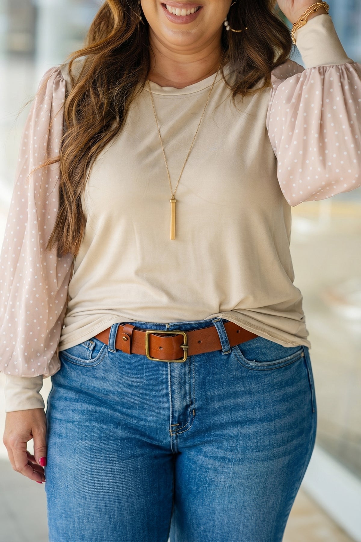 Parchment Polka Dot Long-Sleeve Round-Neck Plus Size Blouse
