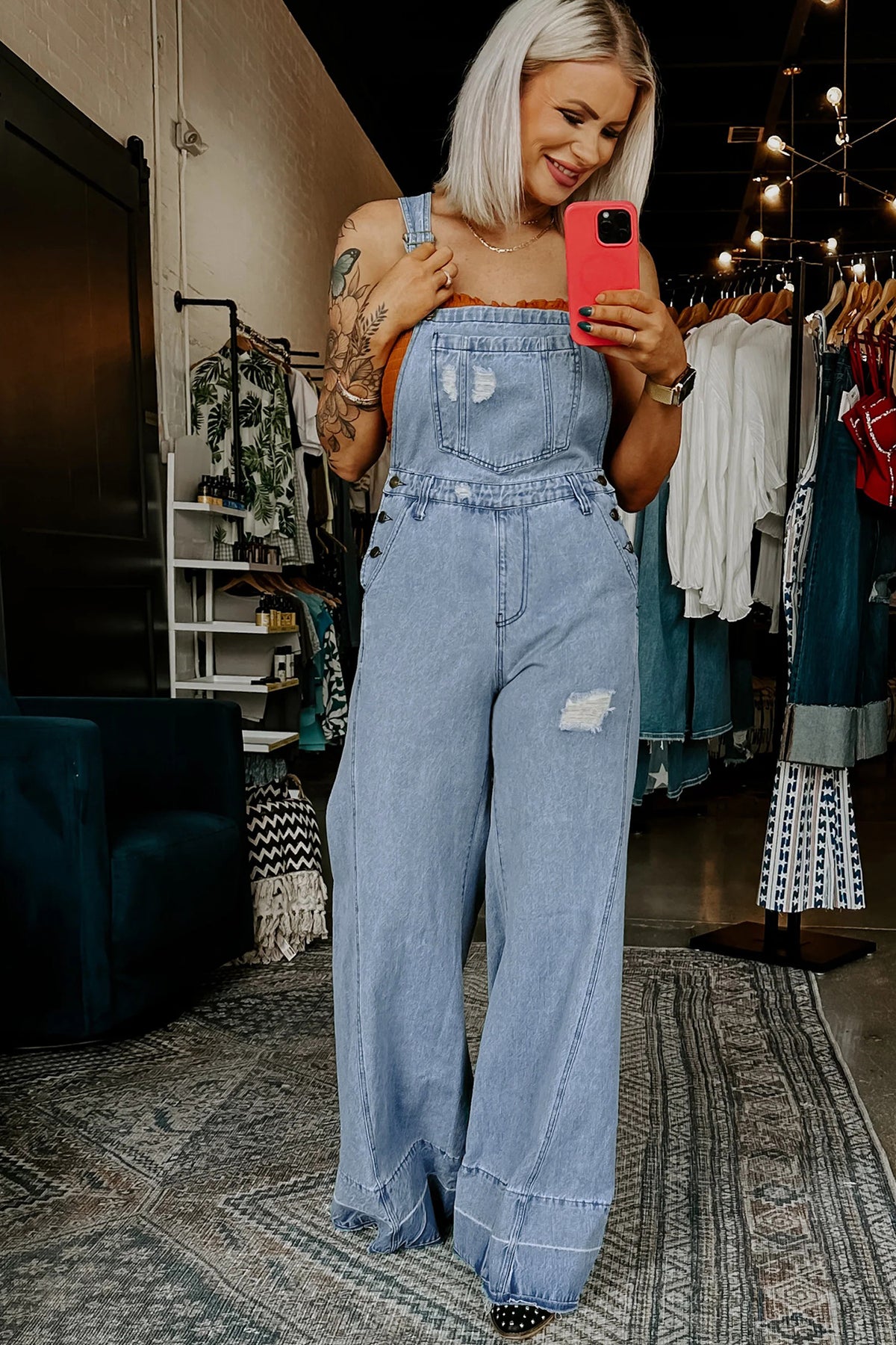 Mist Blue Retro Distressed Button Adjustable Straps Denim Jumpsuit