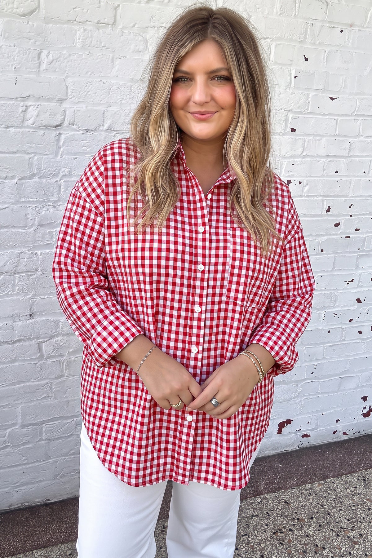 Red Plaid V-Neck Long-Sleeve Tunic Loose Fit Plus Size Shirt