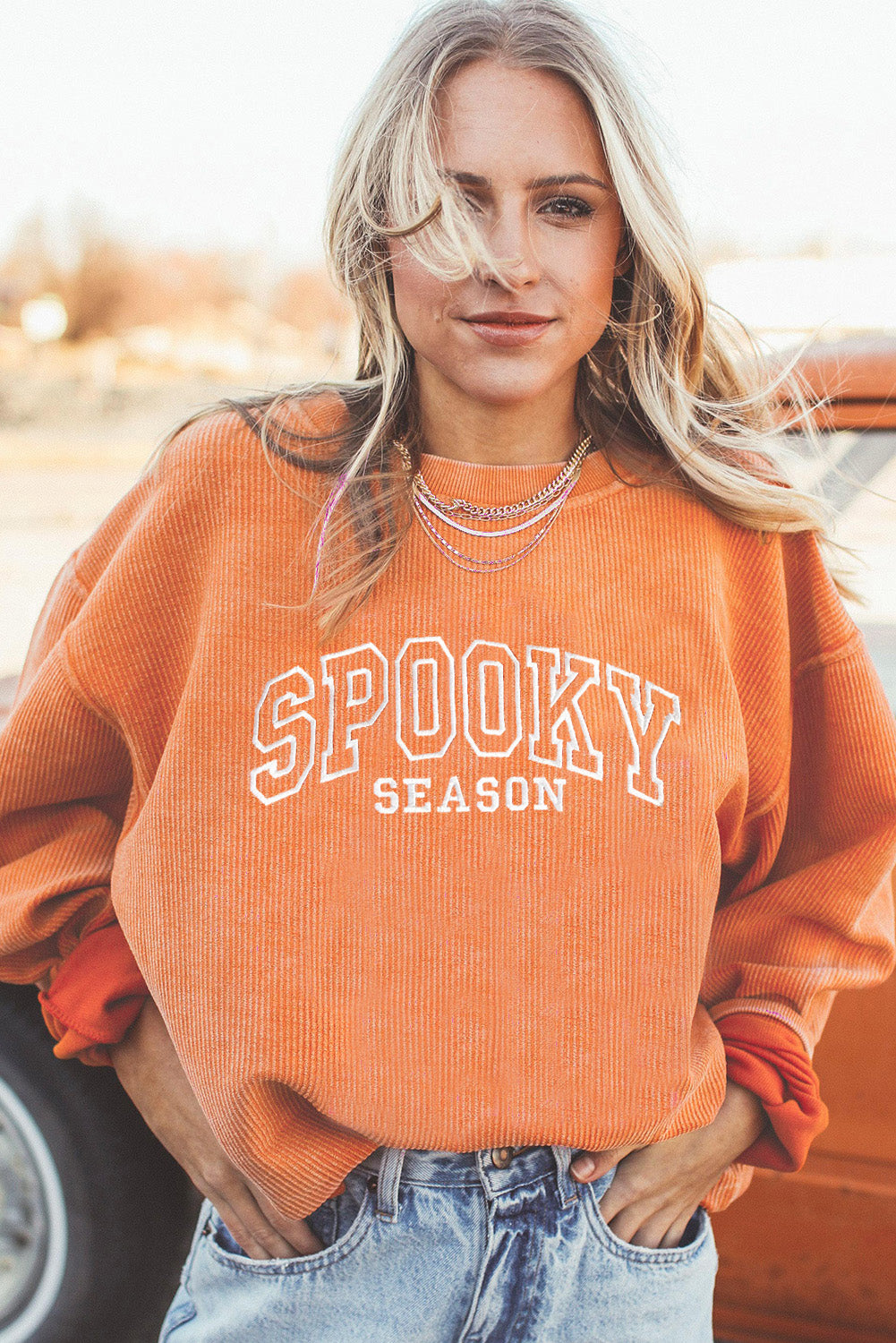 Orange SPOOKY SEASON Embroidered Letter Graphic Twisted Ribbed Sweatshirt