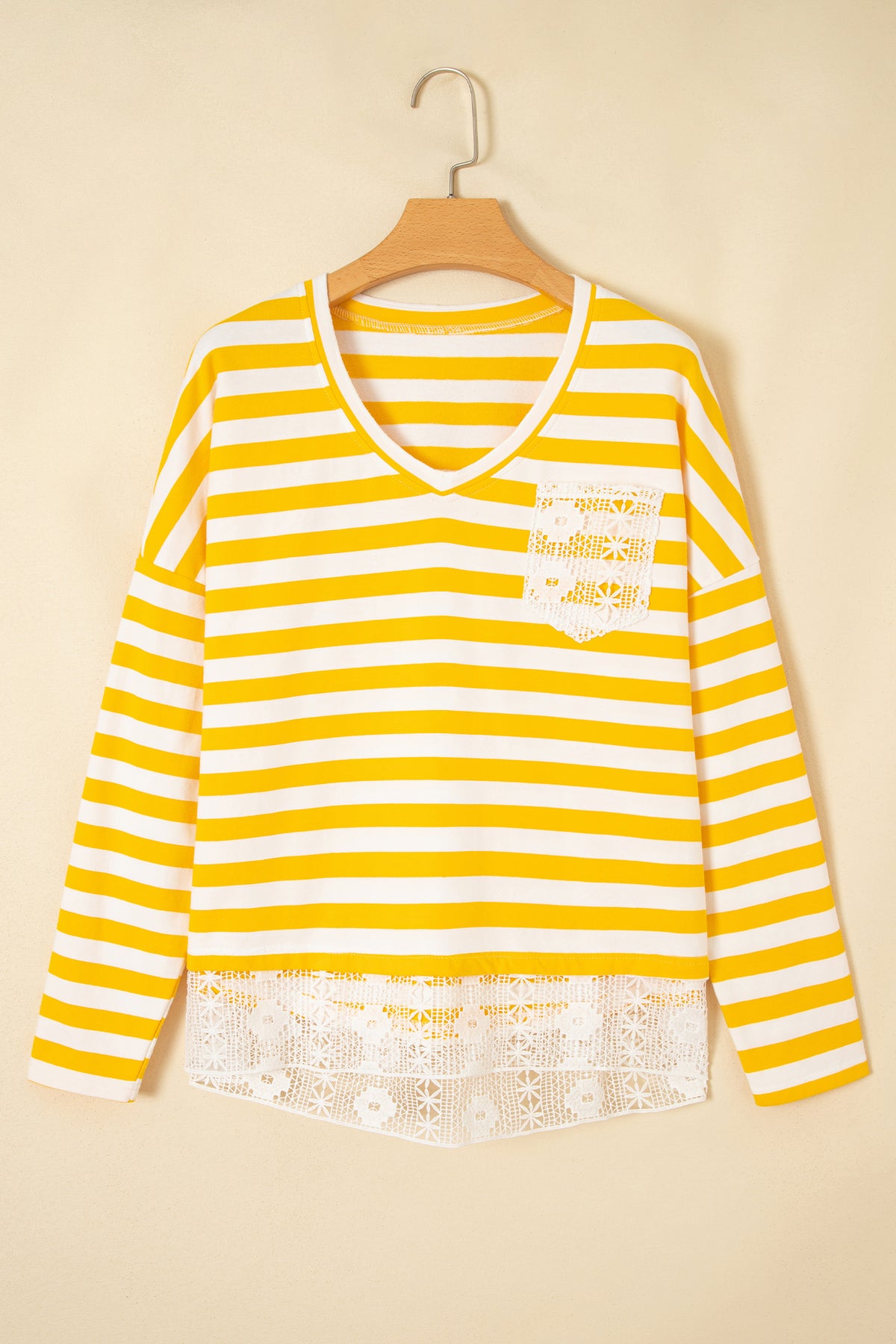 Yellow Stripe Striped Lace Patchwork V Neck Top