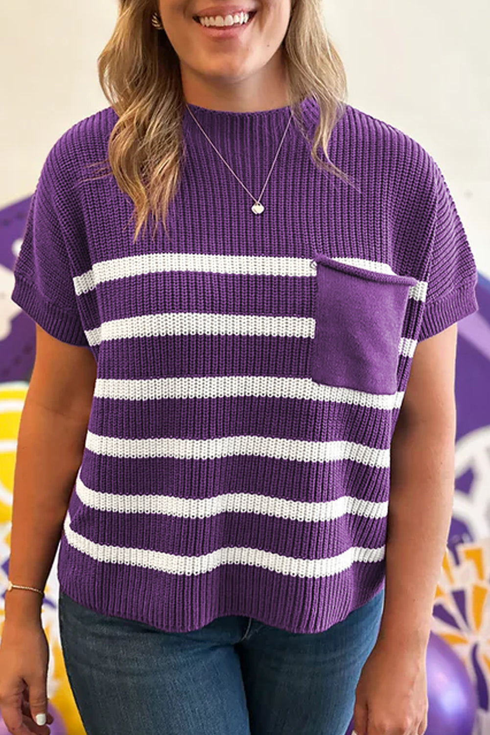 Purple Stripe Raw Edge Patched Pocket Short Sleeve Knit Sweater