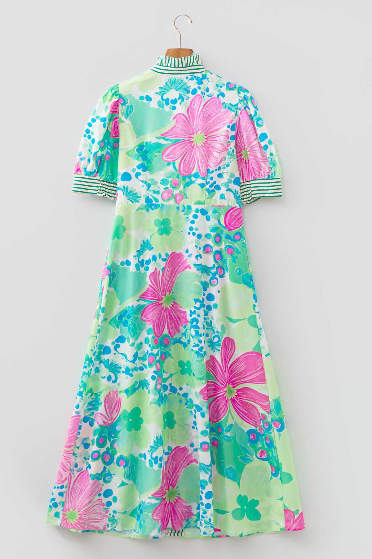 Green Stripe Floral Print Striped Short Sleeve Vacation Dress