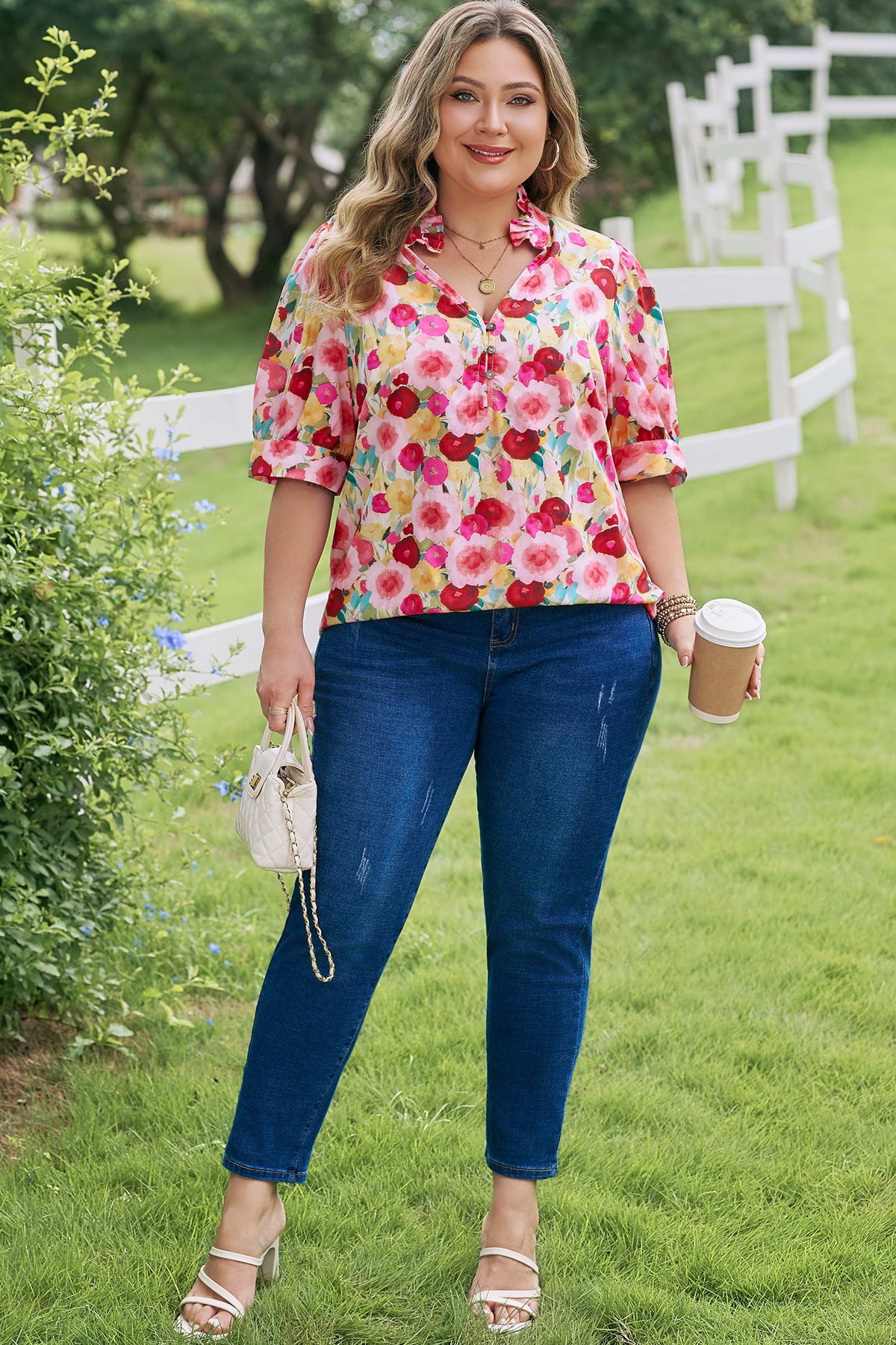 Pink Plus Size Flower Print Split V-Neck Puff Short-Sleeve Top
