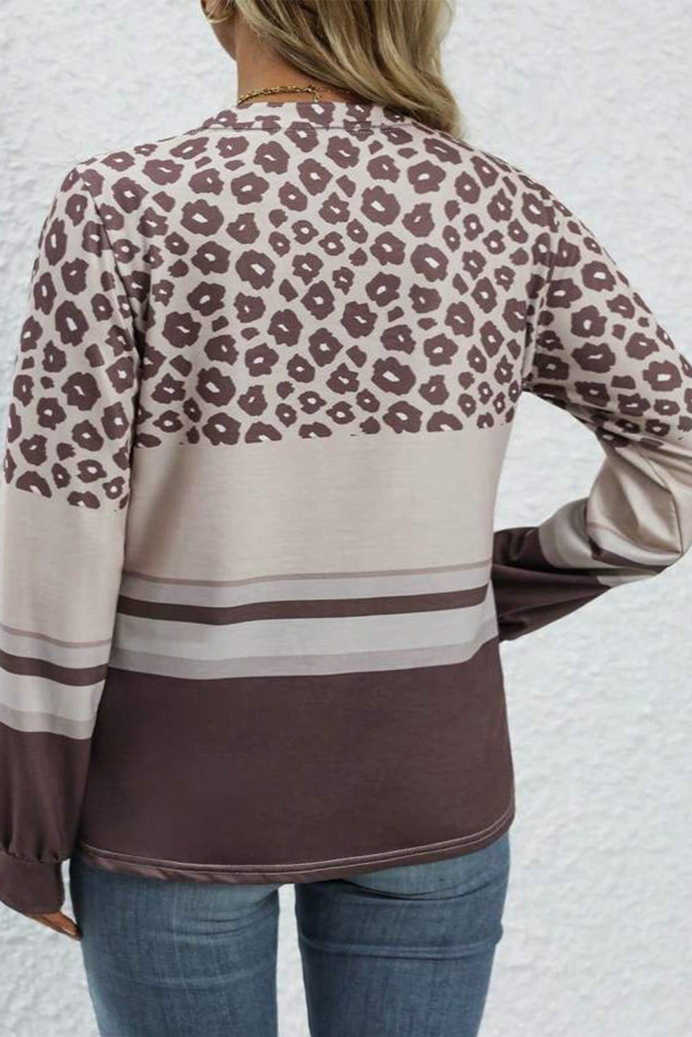 Coffee Plus Size Leopard Striped Long-Sleeve Crew Neck Top