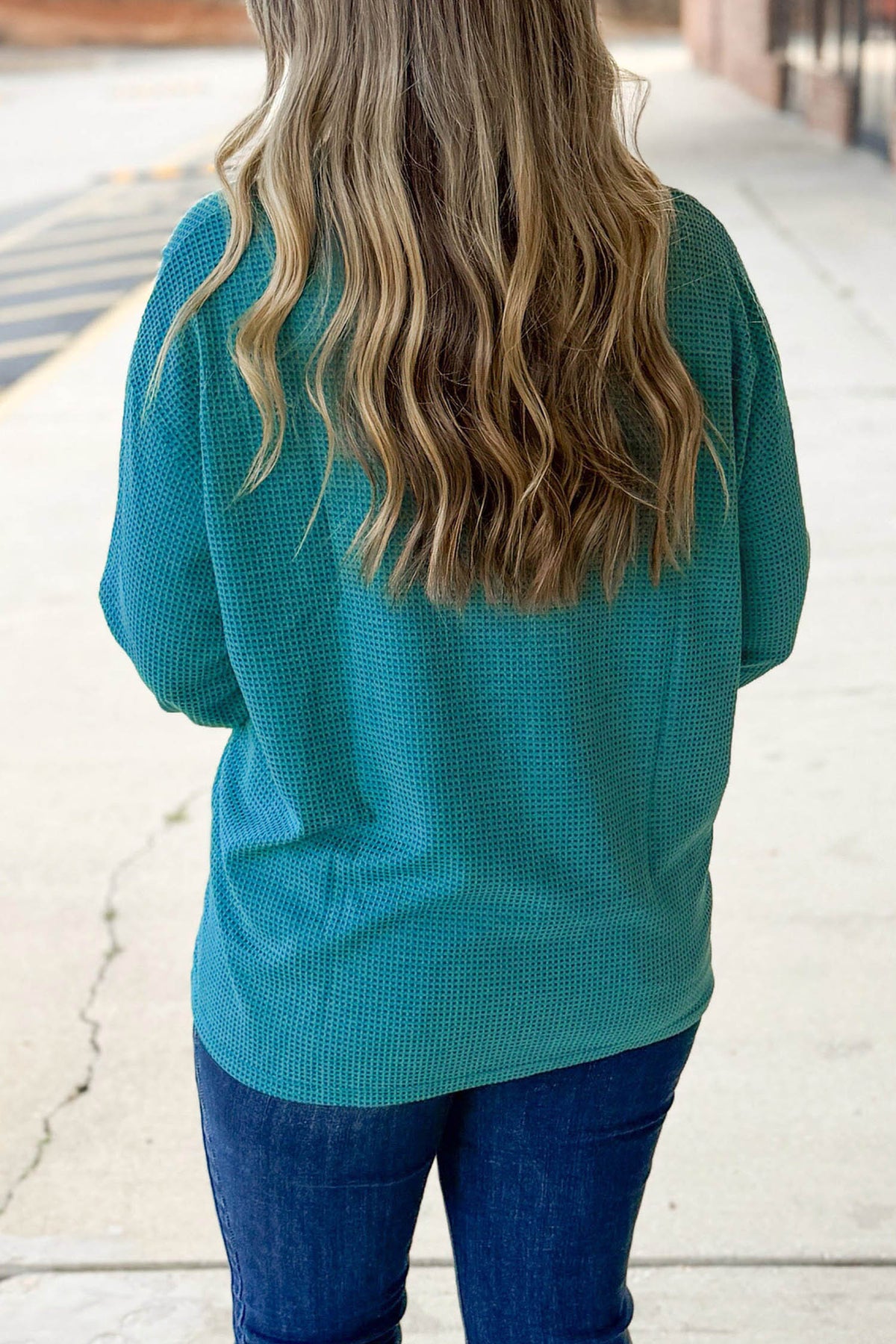 Lapis V-Neck Waffle Textured Button Front Tunic Long-Sleeve Plus Size Cardigan