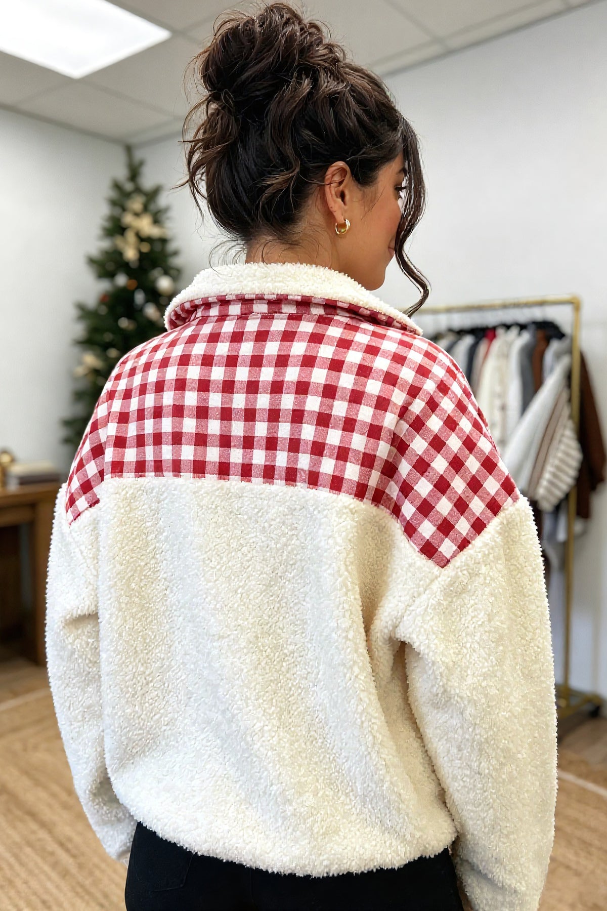 White Plush Plaid Patchwork Merry Christmas Sweatshirt