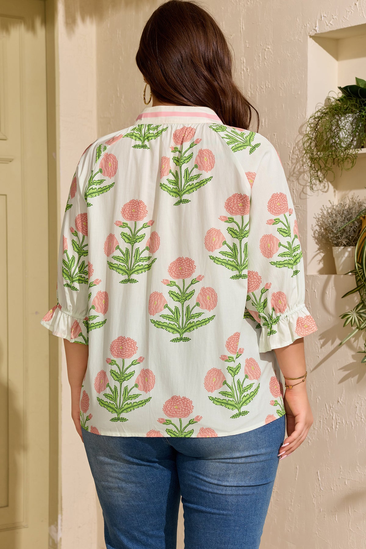 Pink Plus Size Floral Print Striped Trim V-Neck Blouse