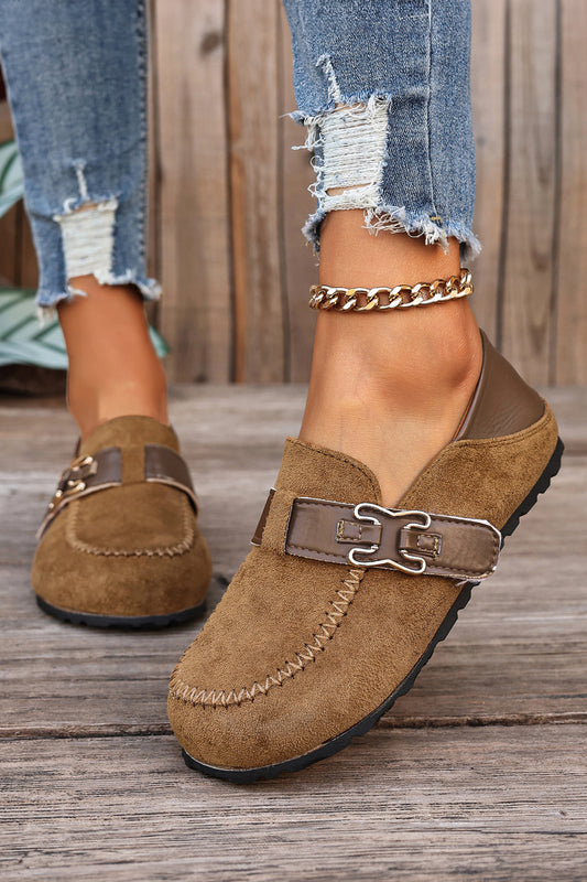 Khaki Faux Suede Patchwork Buckle Slip-On Shoes