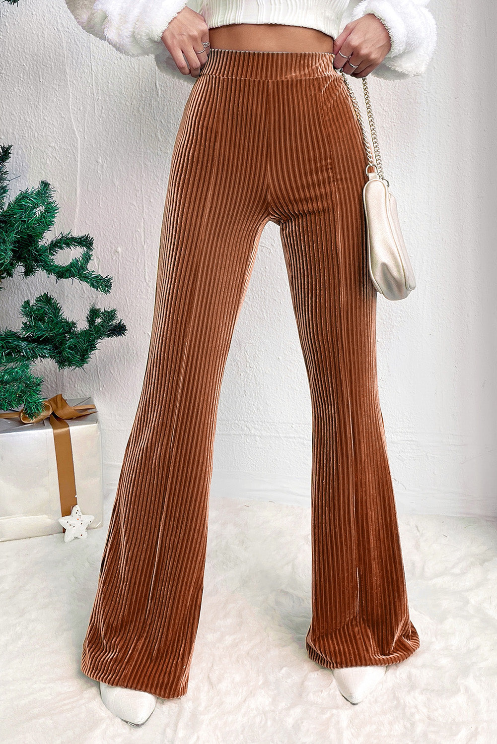 Chestnut Solid High Waist Flare Corduroy Pants