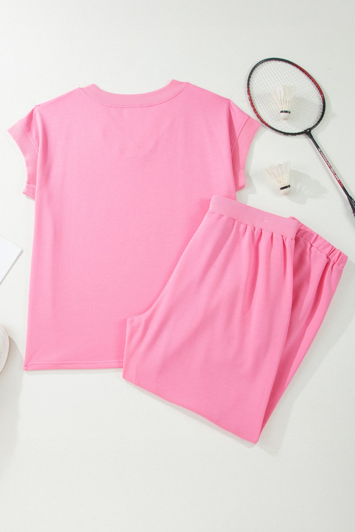 Bonbon Solid V-Neck Tee and Drawstring Plus Size Pants Set