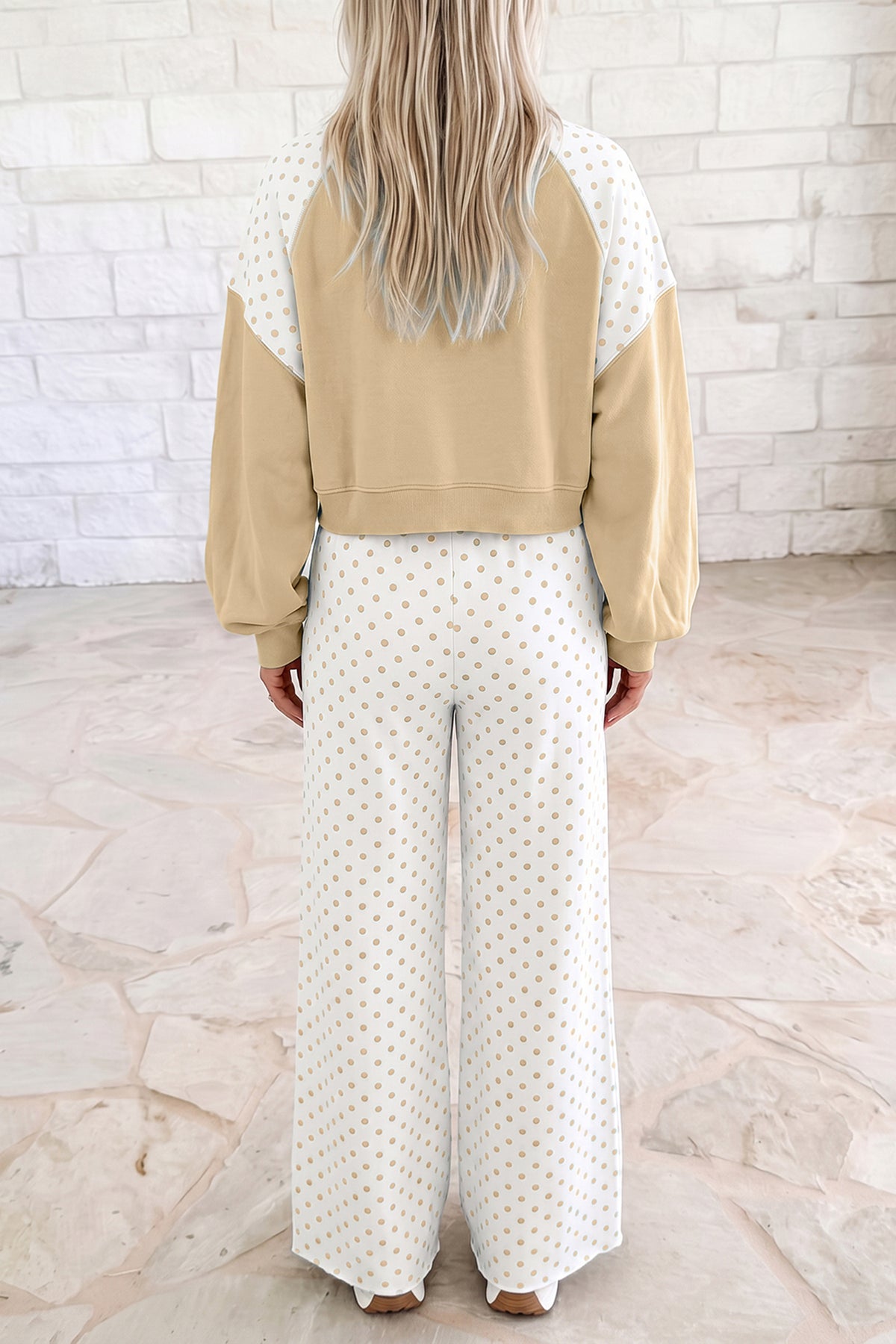 Women's Green Polka Dot Patchwork Colorblock Long-Sleeve Casual Two-Piece Pants Set