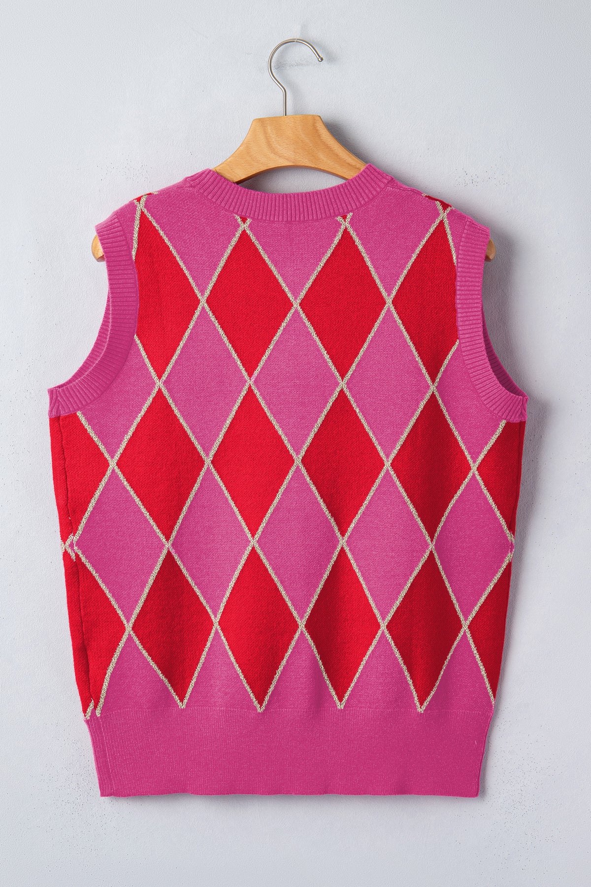 Rose Glitter Trim Rhombus Pattern Knit Sweater Vest