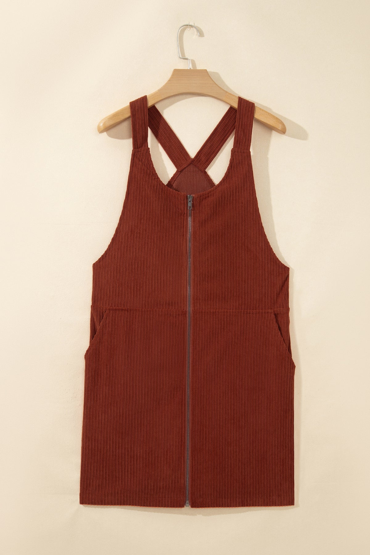 Clay Ribbed Corduroy Zip Up Sleeveless Pocket Sheath Dress