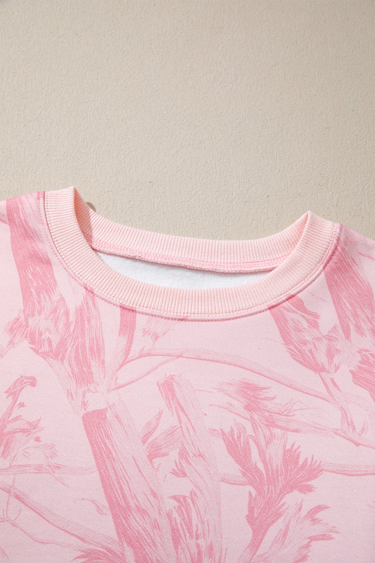 Women's Pink Abstract Print Ribbed Crewneck Long-Sleeve Top Elastic Waist Shorts Set