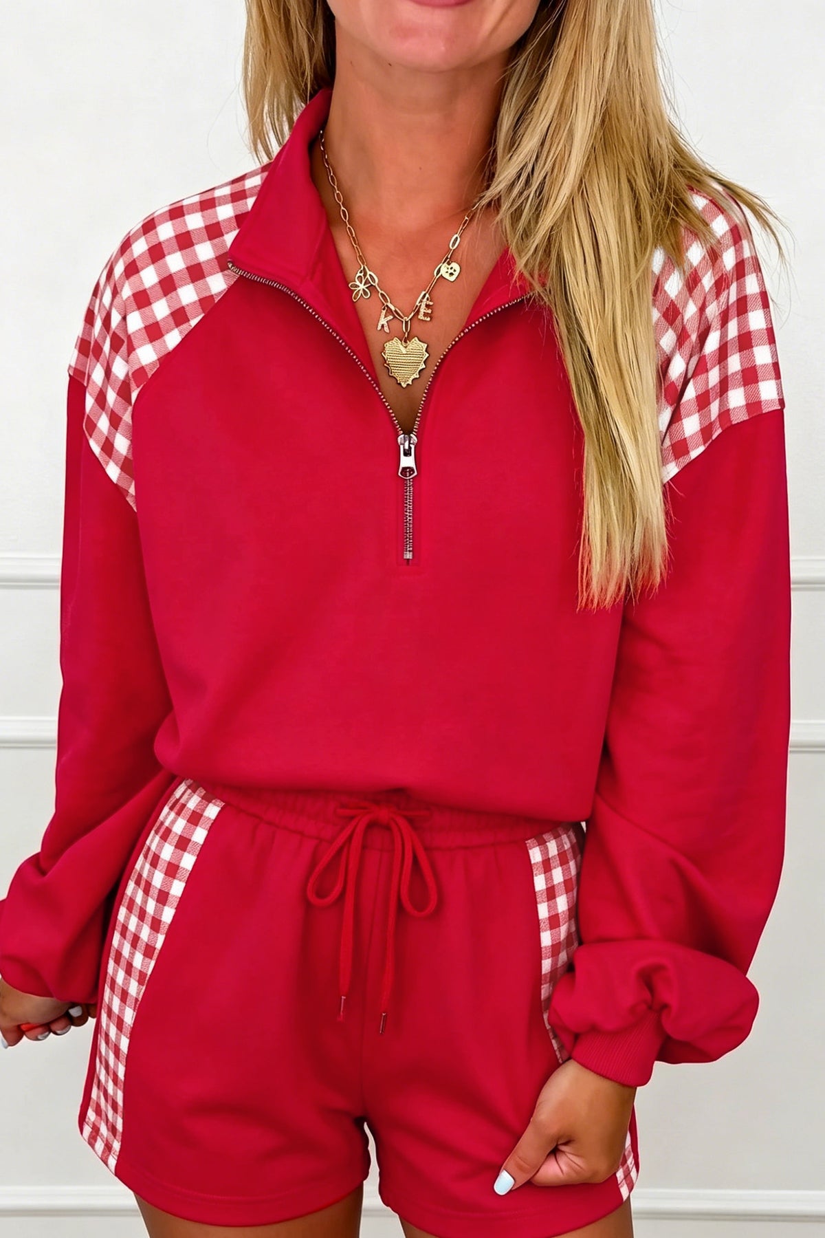 Coffee Plaid Patchwork Half Zip Pullover Drawstring Short Set