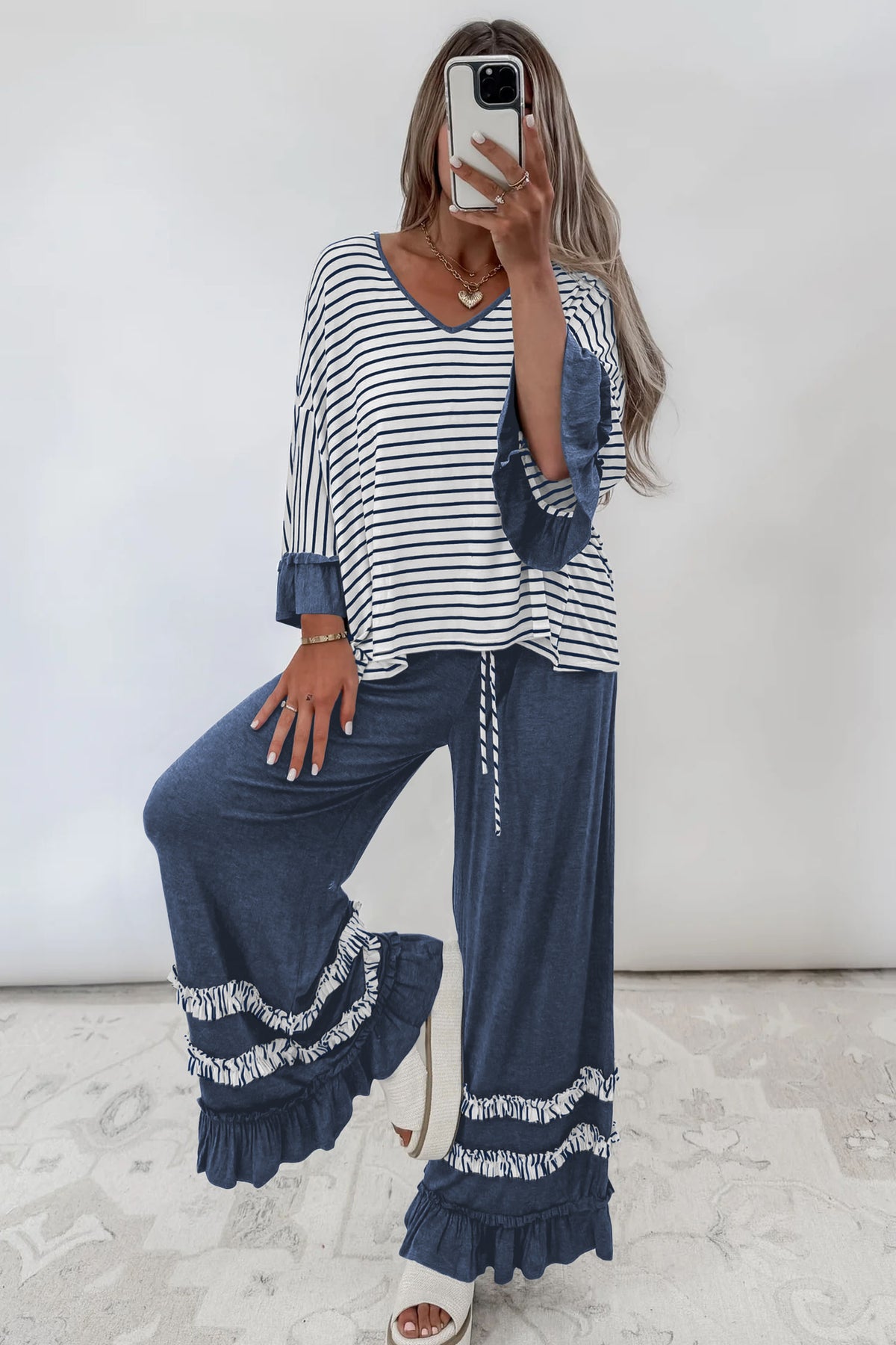 Women's Khaki Stripe V-Neck Ruffle Contrast Sleeve Top Drawstring Pants Two-Piece Set
