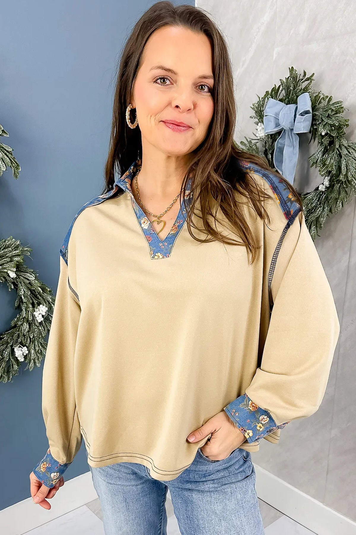 Apricot Floral Denim Patchwork Collar V Neck Top