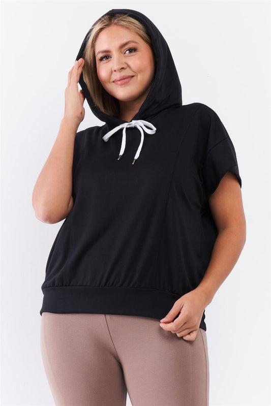 Black Short Wing Sleeve Relaxed Fit White Draw String Tie Hood Detail Top - PLUS SIZE BASICS & ACTIVEWEAR