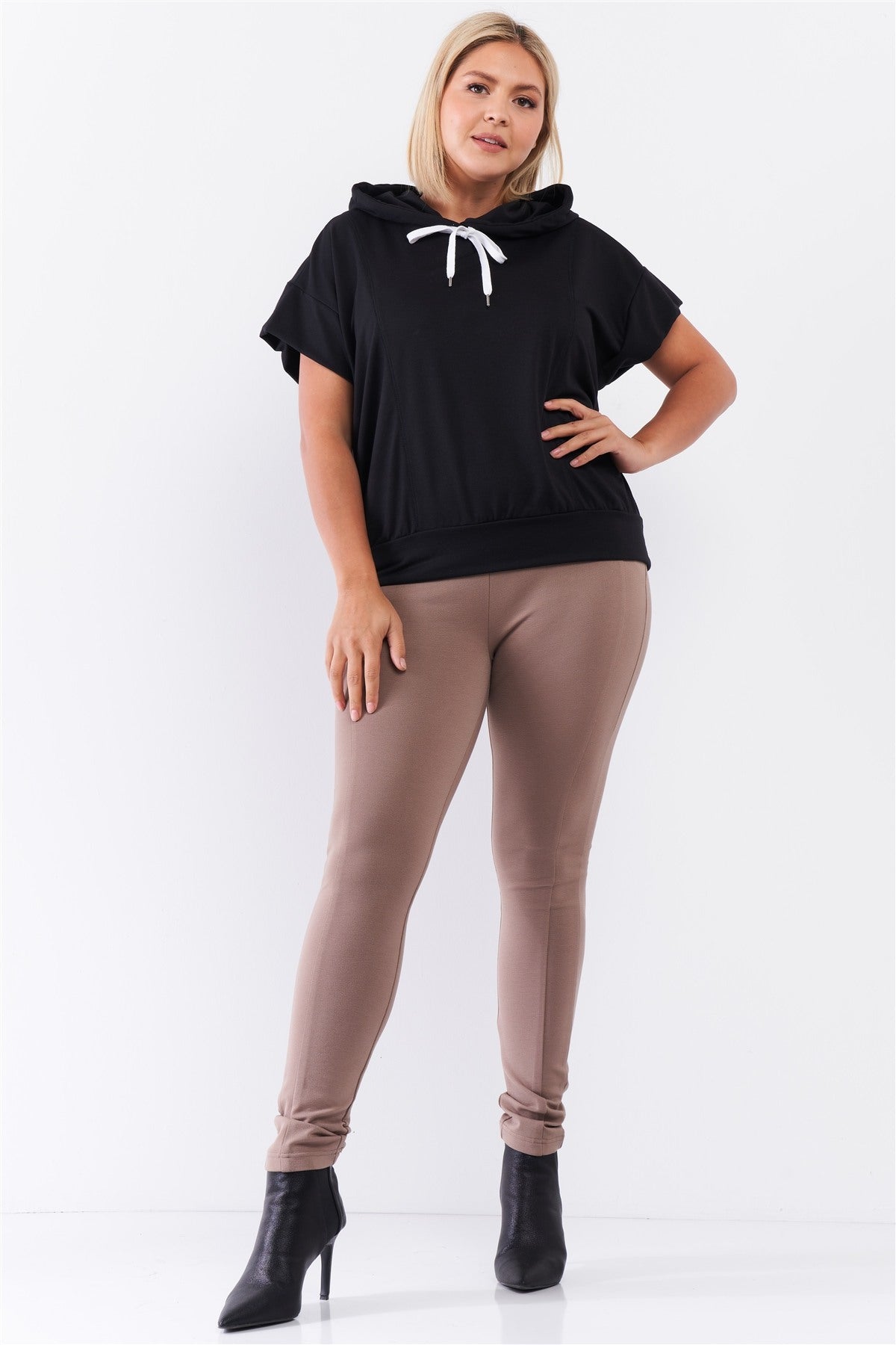Black Short Wing Sleeve Relaxed Fit White Draw String Tie Hood Detail Top - PLUS SIZE BASICS & ACTIVEWEAR