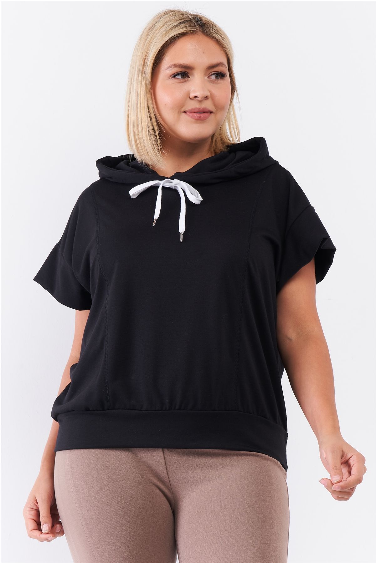 Black Short Wing Sleeve Relaxed Fit White Draw String Tie Hood Detail Top - PLUS SIZE BASICS & ACTIVEWEAR