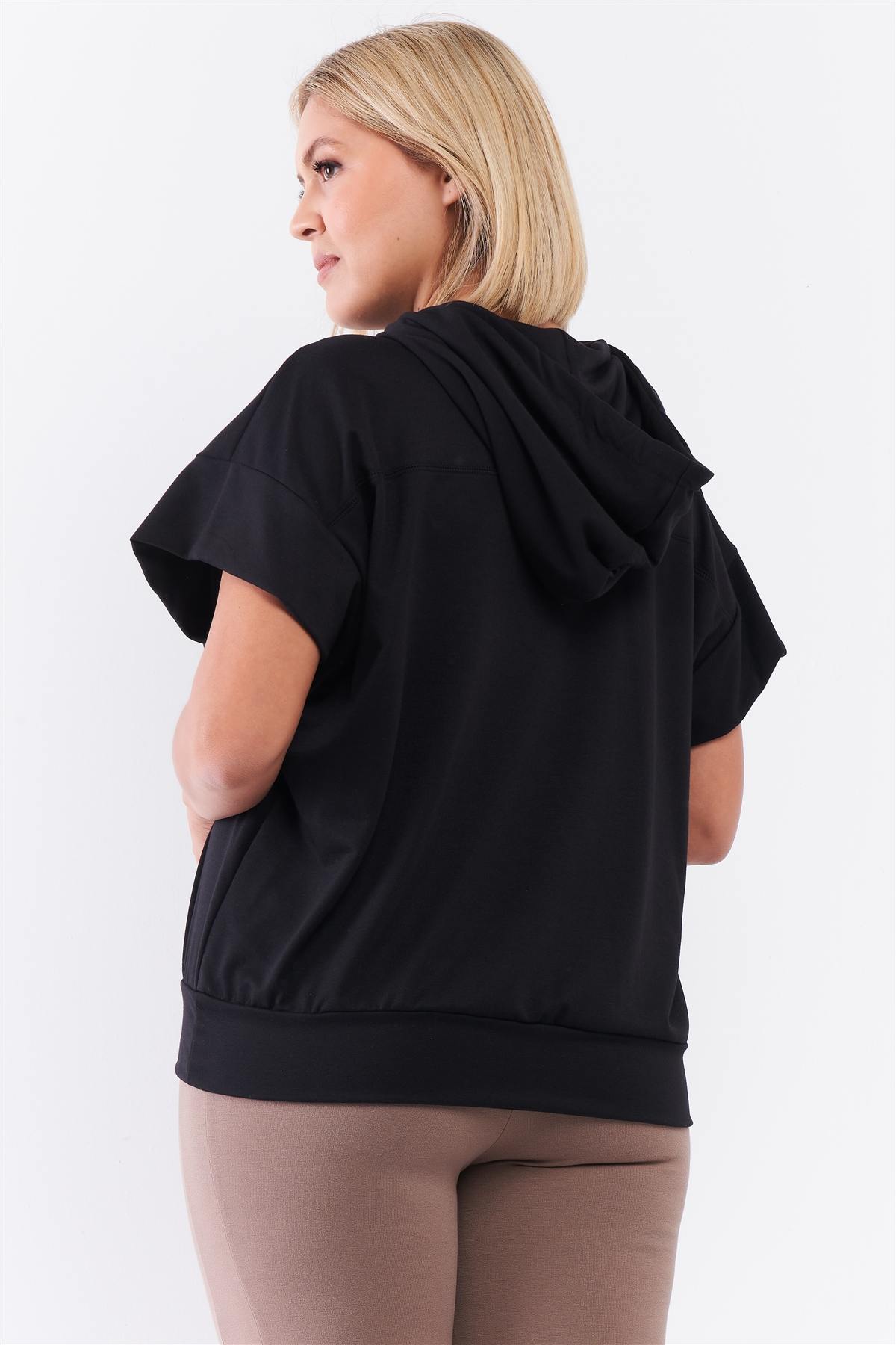 Black Short Wing Sleeve Relaxed Fit White Draw String Tie Hood Detail Top - PLUS SIZE BASICS & ACTIVEWEAR