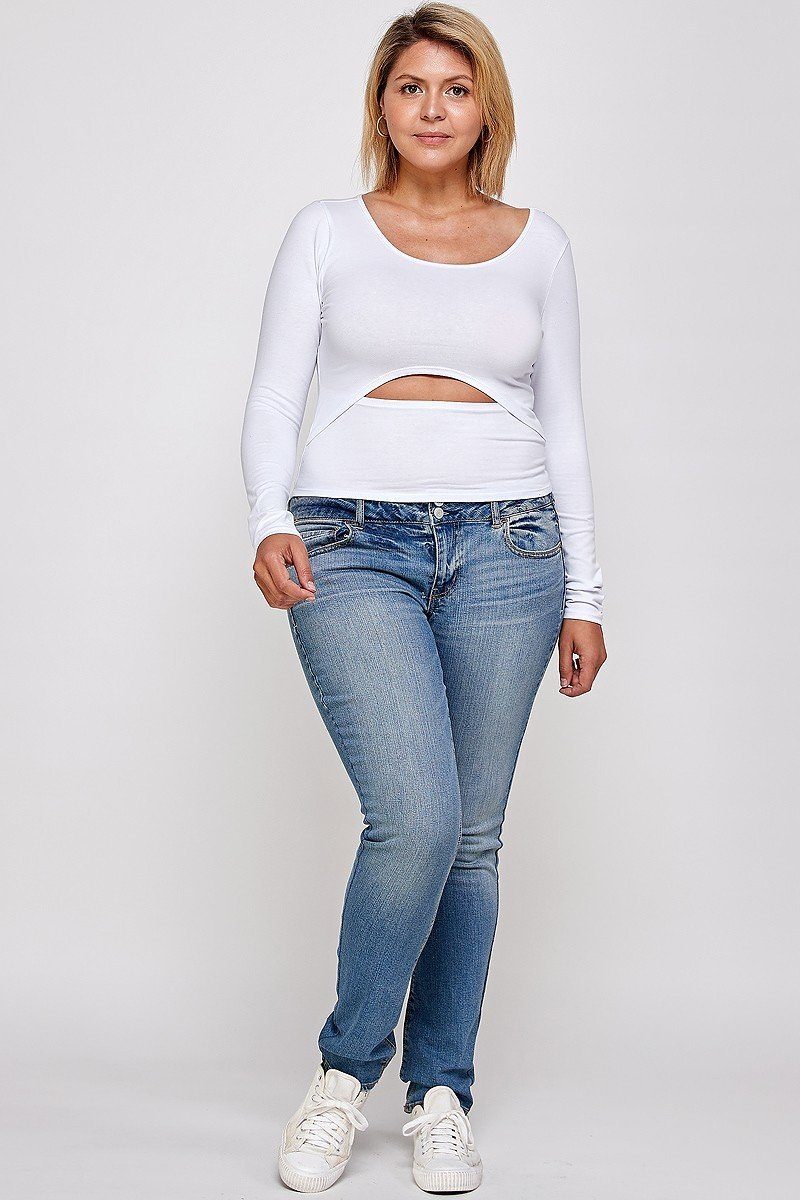 Solid Round Neck Top, With Long Sleeves, And Cut-out Detail - PLUS SIZE BASICS & ACTIVEWEAR