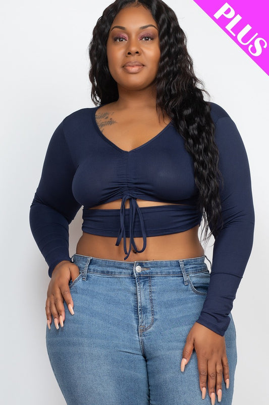 Plus Size Drawstring Ruched Cutout Crop Top - PLUS SIZE BASICS & ACTIVEWEAR
