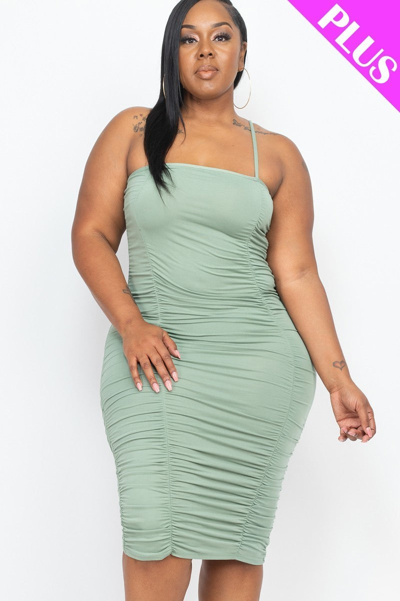 Plus Size Double Ruched Front And Ruched Back Detail Mini Dress - PLUS SIZE BASICS & ACTIVEWEAR