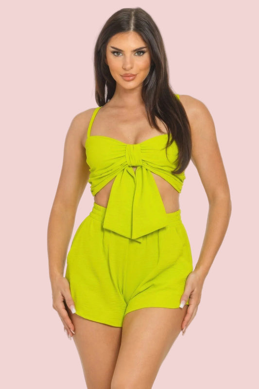 Lime Oversized Bow Shorts Set – Twisted Tie Two-Piece Outfit for Women - SETS