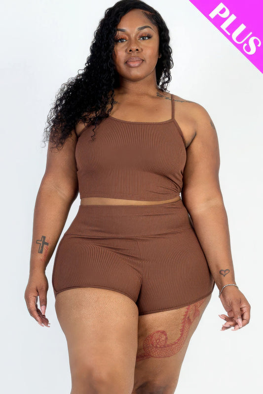Plus Size Ribbed Cami Crop Top & Ruched Shorts Set - PLUS SIZE BASICS & ACTIVEWEAR