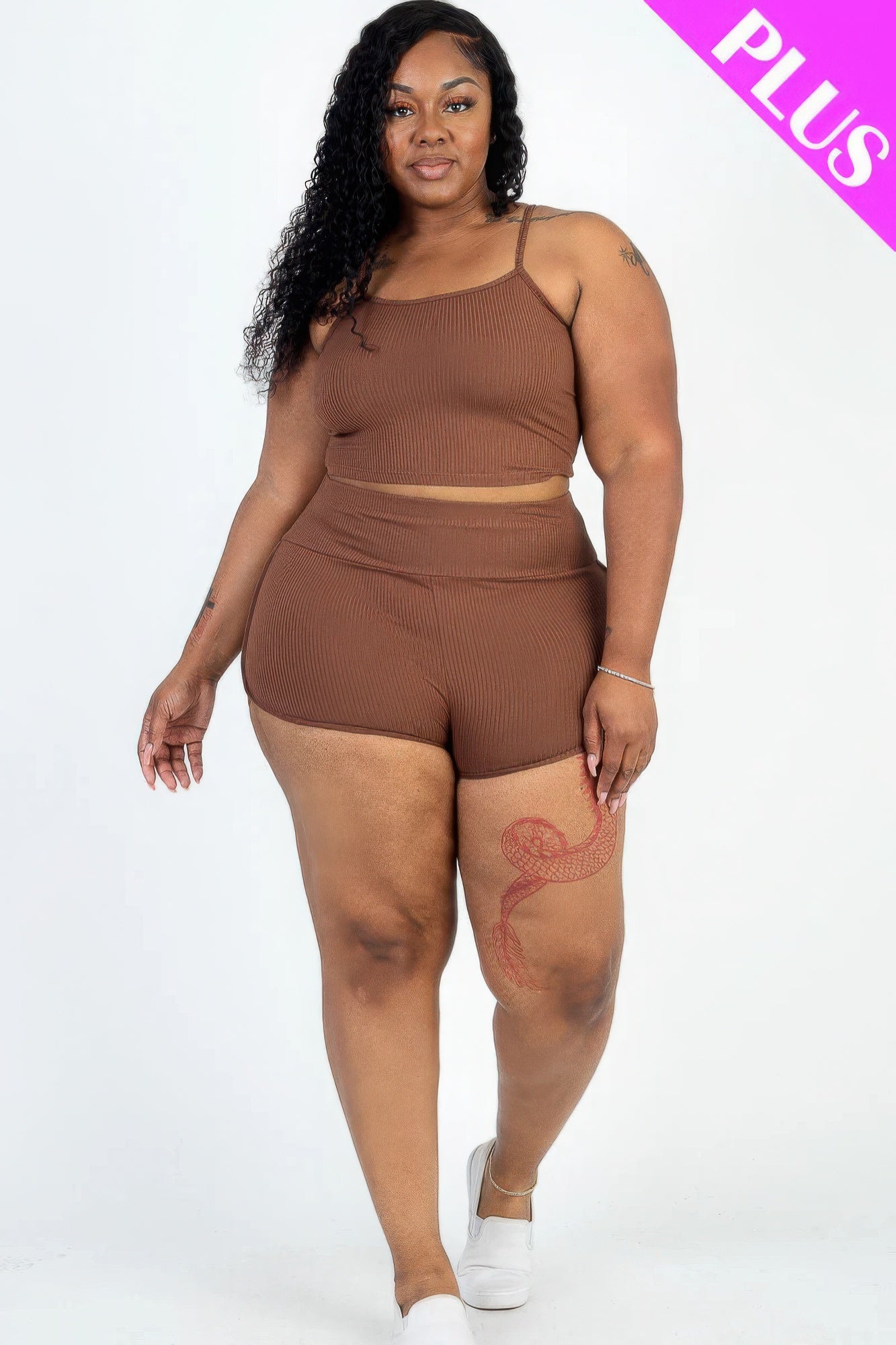 Plus Size Ribbed Cami Crop Top & Ruched Shorts Set - PLUS SIZE BASICS & ACTIVEWEAR