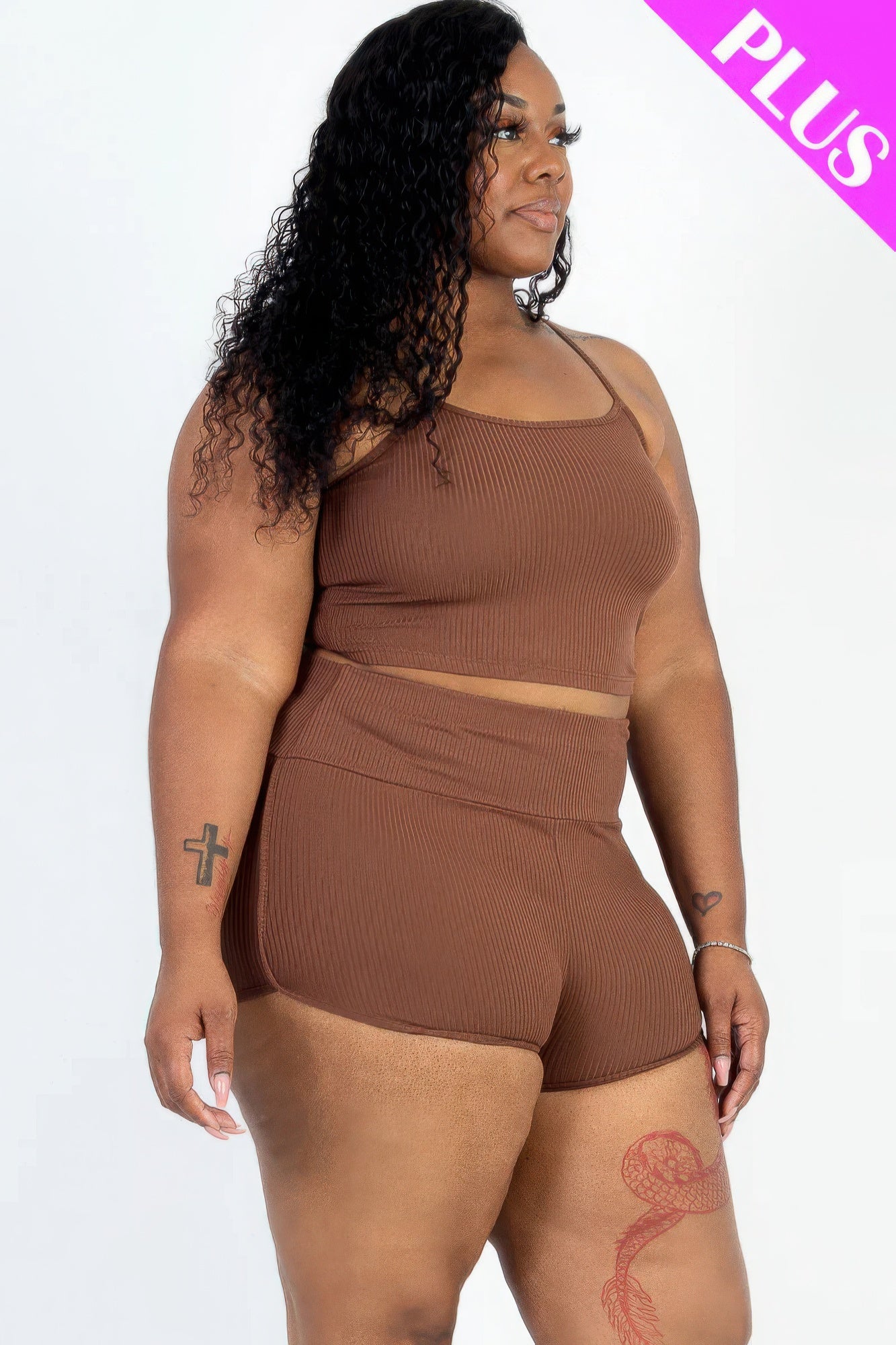 Plus Size Ribbed Cami Crop Top & Ruched Shorts Set - PLUS SIZE BASICS & ACTIVEWEAR
