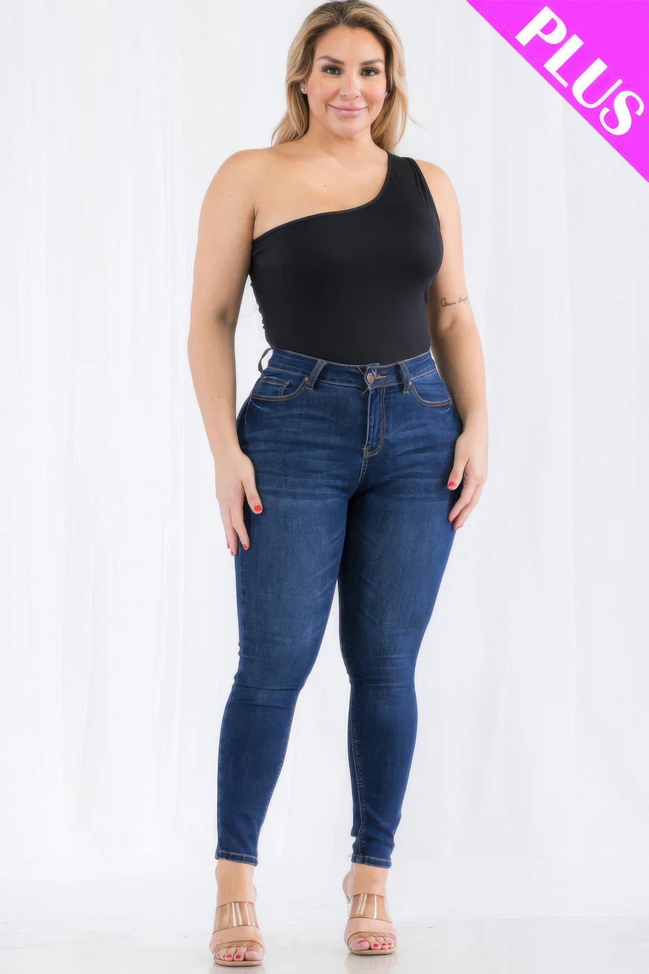 Plus size one shoulder solid casual bodysuit - PLUS SIZE BASICS & ACTIVEWEAR