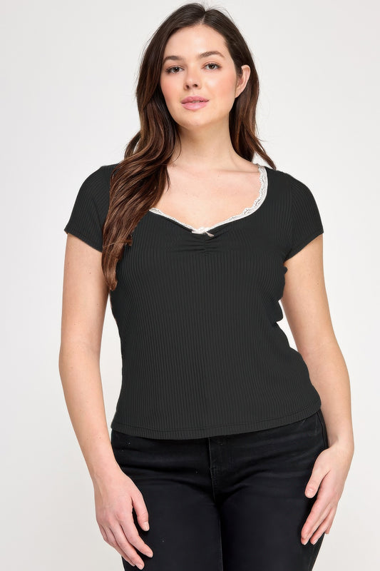 Plus Size Short Sleeve Rib Bow Trim Top