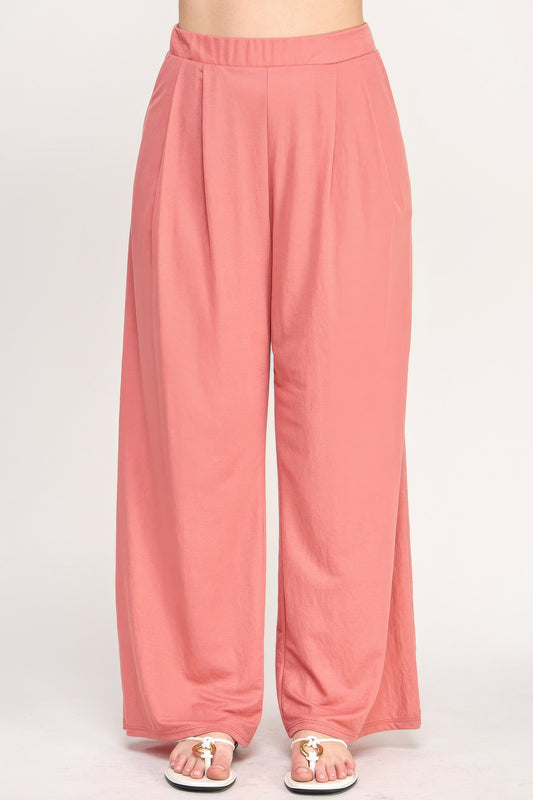 Plus Size Knit Linen Pleated Wide Leg Pants