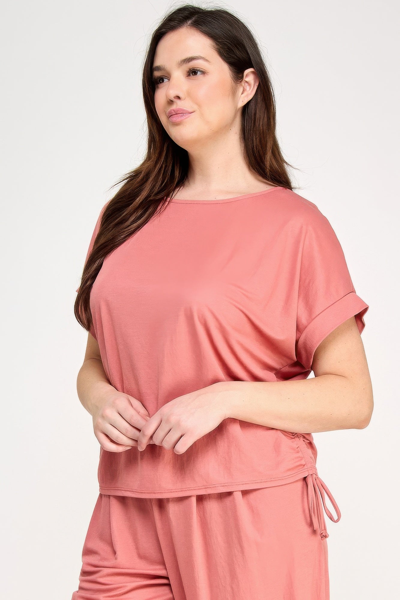 Plus Size Knit Linen Dolman Ruched Top