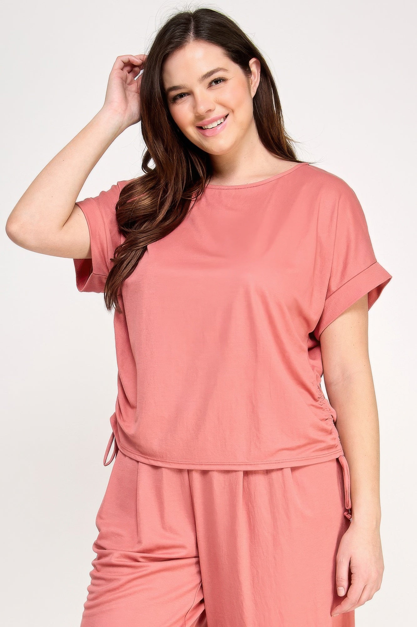 Plus Size Knit Linen Dolman Ruched Top