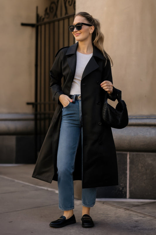 Solid Long Sleeve Trench Coat Woman Lined