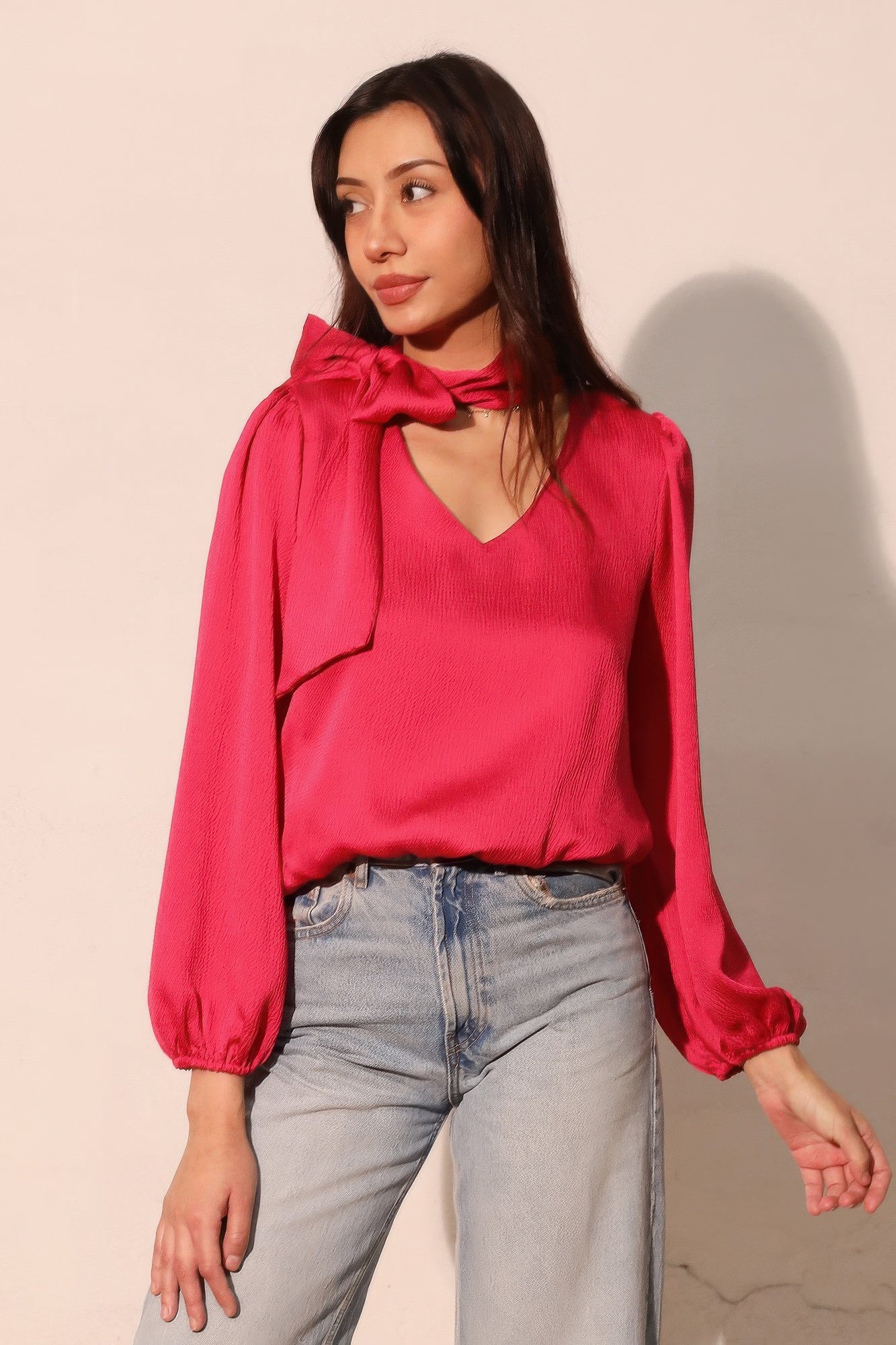 Hammered Satin Tie Neck Bubble Top