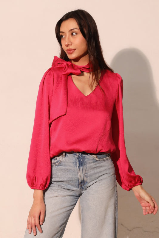 Hammered Satin Tie Neck Bubble Top