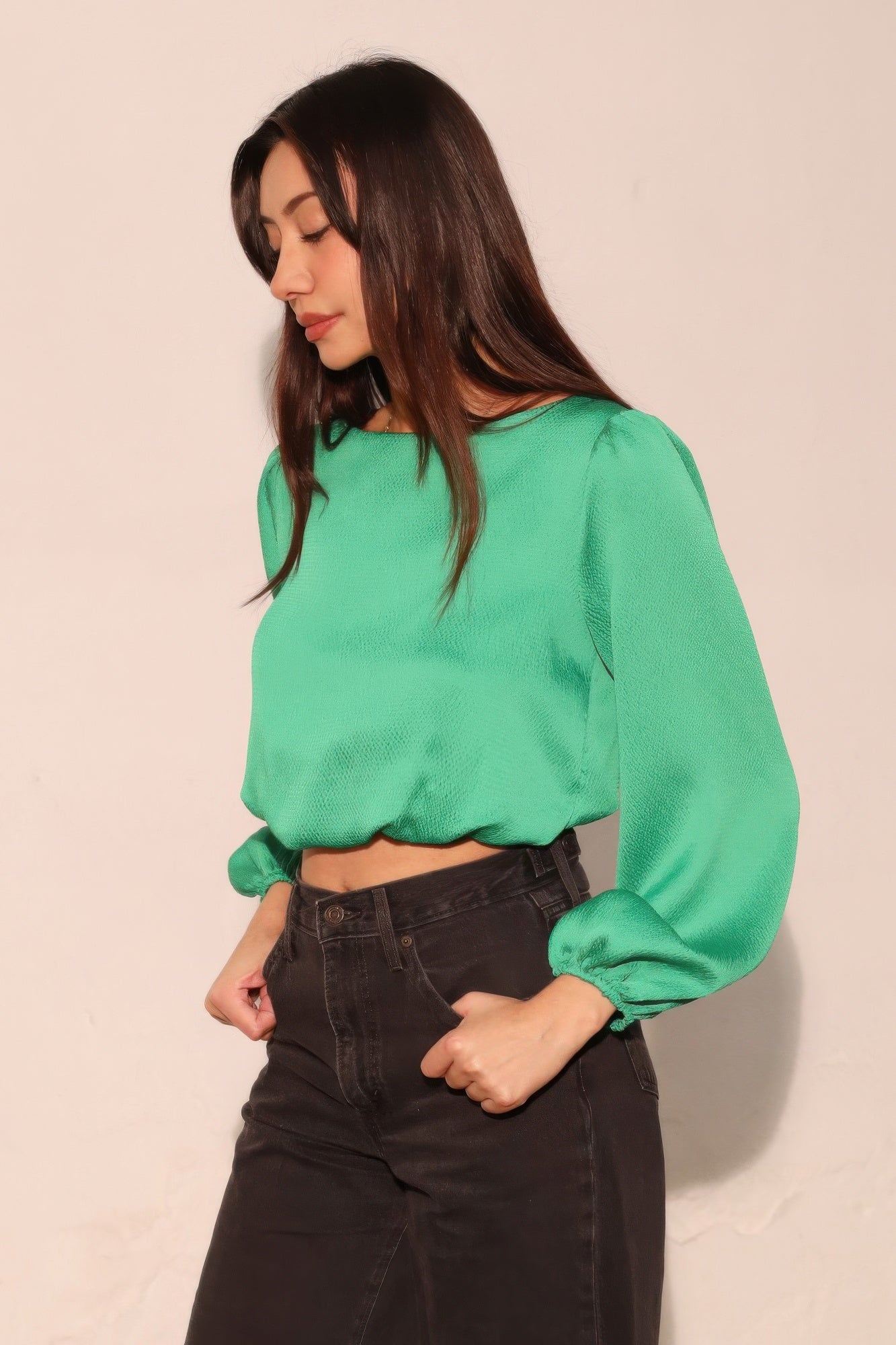 Hammered Satin Long Sleeve Crop Top